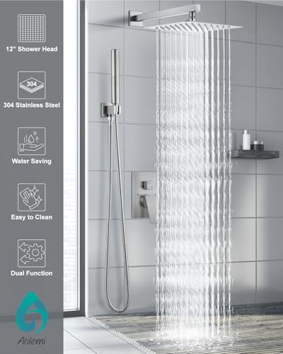 Aolemi Shower System with Rain Head and Handheld,12-Inch,Brushed Nickel | High-Pressure Shower Faucet Set with Dual-Function Handheld,Rough-In Valve,1.8 GPM,Wall-Mount Trim Kit - color: Brushed Nickel, size: 12 Inch