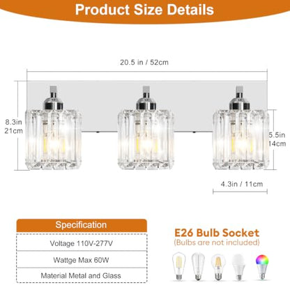 Brushed Chrome Crystal Bathroom Vanity Light, 3-Light Modern Bathroom Lighting Fixtures Over Mirror,Chrome Wall Sconce Light Fixtures with Square Shade - color: Chrome-Square Shade, size: 3-LIGHT