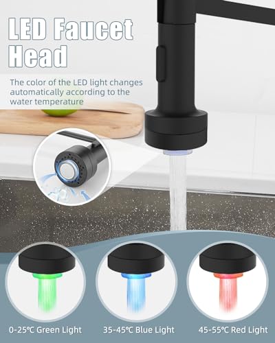 Black Kitchen Faucet with Soap Dispenser, Faucet with Light, Faucet for Camper Farmhouse RV Kitchen Sink, Single Handle Stainless Steel Kitchen Sink Faucets with Pull Down Sprayer - color: A-Matte Black, style: Contemporary