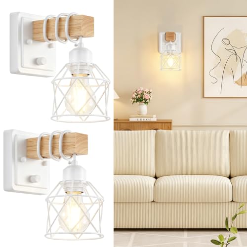 FadimiKoo Wall Sconces Set of Two, Farmhouse Hardwired White Wall Lamps with Wooden Arm & On/Off Dimmable Switch, Modern Bathroom Light Fixtures with Metal Shade for Living Room, Hallway, Bedroom - color: White, size: 1-Light (2 Pack)