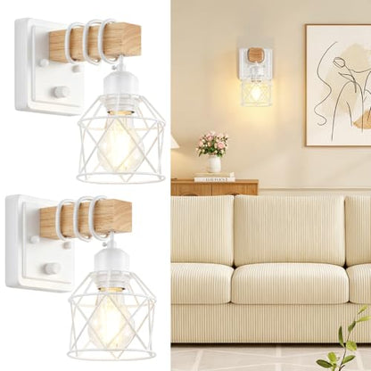 FadimiKoo Wall Sconces Set of Two, Farmhouse Hardwired White Wall Lamps with Wooden Arm & On/Off Dimmable Switch, Modern Bathroom Light Fixtures with Metal Shade for Living Room, Hallway, Bedroom - color: White, size: 1-Light (2 Pack)