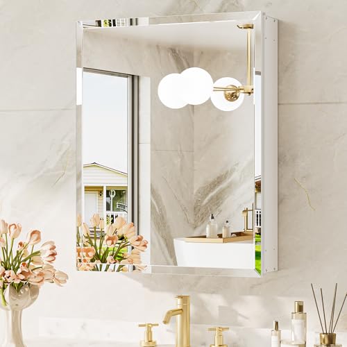 TokeShimi 20 x 26 Recessed Medicine Cabinet with Mirror, Assembly Required, Frameless Medicine Cabinet for Bathroom, Tempered Beveled Mirror, Stepless Adjustable Shelves, DTC Hinge - color: White, size: 20x26 in