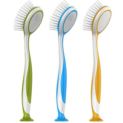 MR.SIGA Round Dish Brush with Suction Cup, Pack of 3 | Scrub brush for dishes, pans, pots, kitchen sink cleaning, dish brush with handle