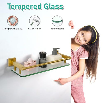 Glass Shelf for Bathroom Rectangular Stainless Steel Tempered Glass Modern Stainless Steel Wall Mount Shelf (Brushed Gold, 16‘’ with Railing) - color: Brushed Gold, size: 16'' with Railing