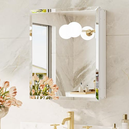 16 x 20 Mirrored Medicine Cabinet, Tempered Beveled Mirror, White Medicine Cabinet with Mirror, Assembly Required, Stepless Adjustable Shelves, Recessed/Wall Mount