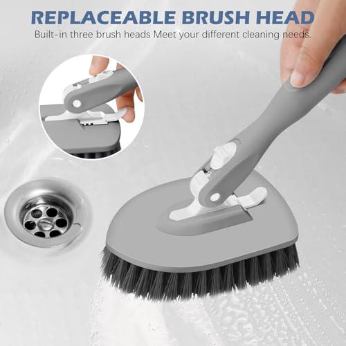 SetSail Tile Tub Scrubber Brush 3-in-1 Long Handle Shower Scrubber, Gray | with 3 Detachable Replacement Brush Head, Multi-Angle Cleaning Locks at 45°, 90°, 180° for Bathroom Kitchen Walls Tub Tile - color: Gray, size: 2 Pads