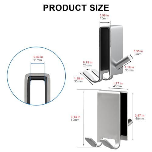 Double-Sided Shower Door Hooks for Frameless Glass Doors, Fits 0.47 in (12 mm) Glass, Stainless Steel Towel and Robe Hanger, No Drill, 2-Pack, Silver - color: Silver