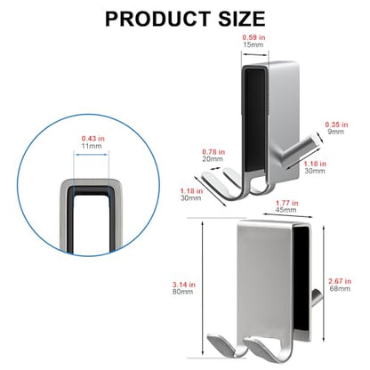Double-Sided Shower Door Hooks for Frameless Glass Doors, Fits 0.47 in (12 mm) Glass, Stainless Steel Towel and Robe Hanger, No Drill, 2-Pack, Silver - color: Silver