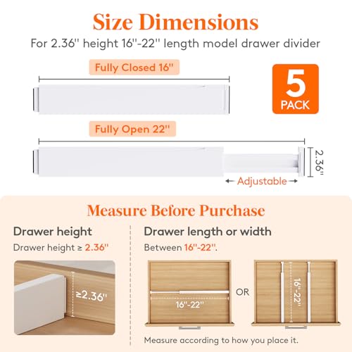 Lifewit 2.36" Upgrade Kitchen Drawer Dividers, Adjustable Drawer Organizer | 16"-22" Expandable White Drawer Separator for Clothes/Utensils, Dresser/Cabinet/Closet/Nursery Organization & Storage, 5 Pack - size: 2.36"H, 16-22"L