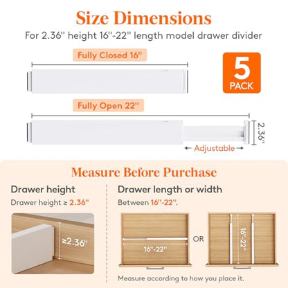 Lifewit 2.36" Upgrade Kitchen Drawer Dividers, Adjustable Drawer Organizer | 16"-22" Expandable White Drawer Separator for Clothes/Utensils, Dresser/Cabinet/Closet/Nursery Organization & Storage, 5 Pack - size: 2.36"H, 16-22"L