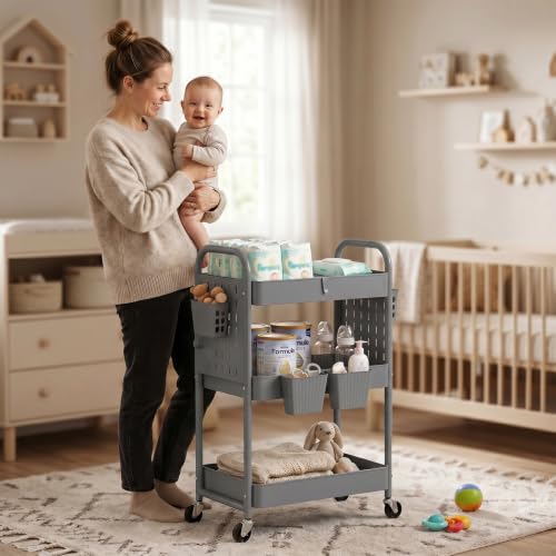 3 Tier Rolling Cart with Retractable Dividers, Multi-Functional White Rolling Utility Cart with Pegboards, Hooks & Hanging Cups for Nursery, Living Room, Studio - color: Gray