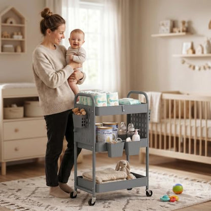 3 Tier Rolling Cart with Retractable Dividers, Multi-Functional White Rolling Utility Cart with Pegboards, Hooks & Hanging Cups for Nursery, Living Room, Studio - color: Gray