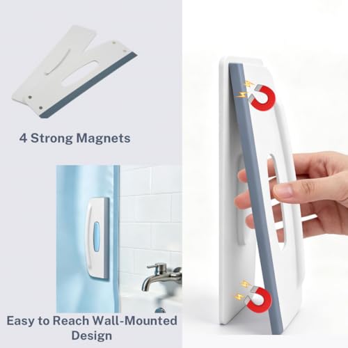 2-in-1 Shower Squeegee and Magnetic Shower Curtain Clips, All-in-One Silicone Squeegee for Glass Door with Splash Guard Clips, No-Drill Adhesive Water Guard for Bathroom, Gray/White, Pack of 2