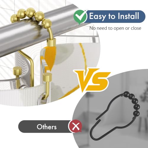 Bathway Gold Shower Curtain Hooks Ring, 12 Pcs Double Sided Shower Hooks, Rust Proof Metal Shower Hooks for Bathroom, Modern Shower Rings with Cylinders for Shower Curtain & Liners - color: Gold, style: Modern Shower Hooks with Cylinders