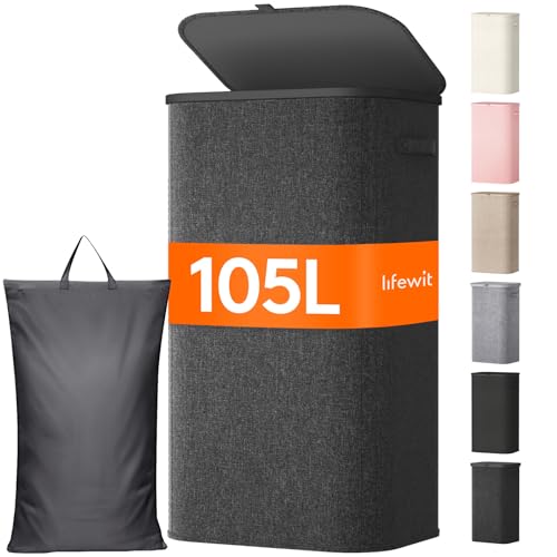 Lifewit 105L Large Laundry Basket with Lid, Laundry Hamper with Plastic Handles and Removable Bag, Foldable Tall Dirty Clothes Hampers for Laundry for Laundry Room, Bedroom, Bathroom, Dorm, Dark Gray - color: Dark Gray, size: 105L