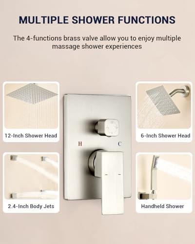 Dual Rainfall Shower Head System with 4 Body Jets, JetsBath Shower Faucet Set Double Shower Head 6-Inch Shower Head & 12” Rain Shower,Luxury Brushed Nickel Shower Faucet Set,Wall-Mounted Shower System - color: Brushed Nickel