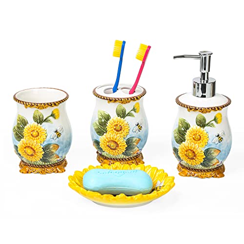 Ceramic Sunflower Bathroom Accessories Set, 4 Piece Bathroom Ensemble Set with Toothbrush Holder, Toothbrush Cup, Soap Dispenser, Soap Dish - color: Yellow
