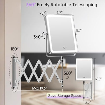 FASCINATE 8.7" 5000mAh Rechargeable Wall Mounted Makeup Mirror (Chrome) | Double Sided Touch Switch 1X 30X Magnifying Bathroom Mirror, 3 Color Lights Dimmable Extended Arm 360°Rotation - color: Chrome C