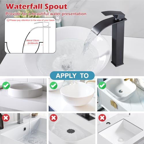 Midanya Waterfall Tall Bathroom Vessel Sink Faucet,Oil Rubbed Bronze | with 24” cUPC Water Hoses,Pop Up Drain without Overflow,for 1 hole Vanity,RV,Lavatory,Bowl,Farmhouse,SUS304,Single Handle - color: Bronze