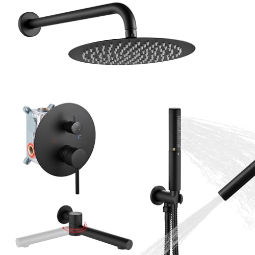 Airuida 3-Function Shower System with Tub Spout – Round Rainfall Shower Faucet Combo,Handheld Spray with 2 Functions,Includes Rough-In Valve with 360° Rotating Drain,10 Inch Shower Head,Matte Black - color: Matte Black, size: 10 Inch