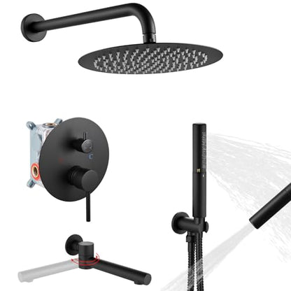 Airuida 3-Function Shower System with Tub Spout – Round Rainfall Shower Faucet Combo,Handheld Spray with 2 Functions,Includes Rough-In Valve with 360° Rotating Drain,10 Inch Shower Head,Matte Black - color: Matte Black, size: 10 Inch