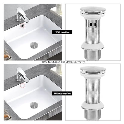 Bathroom Sink Drain,Drain Stopper Bathroom Sink Without Overflow,Pop Up Drain Assembly with Detachable Strainer Basket,Built-in Anti-Clogging, Stainless Steel Nut Brushed Nickel - color: Brushed Nickel-big Cap, style: Without Overflow