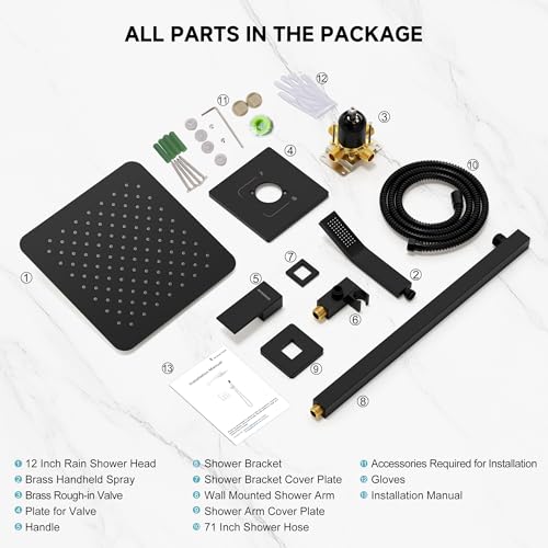 SR SUN RISE Shower Faucet Set & System - 12 Inch Rainfall Shower Head & Handle Set Wall Mounted Matte Black Solid Brass Valve Trim Kit Included - color: Matte Black, size: 12 Inch