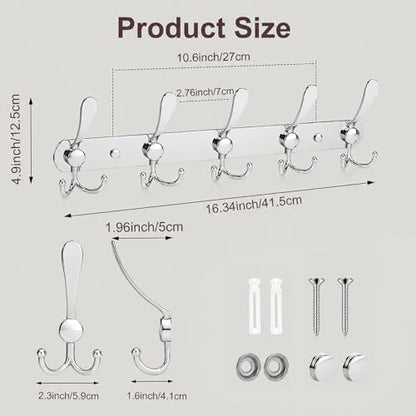 YUNISS Coat Rack Wall Mounted，5 Tri Stainless Steel Coat Hook for Coat Hat Robes Towel in Mudroom Entryway (Sliver, 1 Pack 5 Hook) - color: Sliver, size: 1 Pack 5 Hook