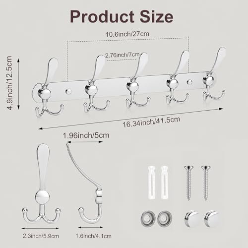 YUNISS Coat Rack Wall Mounted，5 Tri Stainless Steel Coat Hook for Coat Hat Robes Towel in Mudroom Entryway (Sliver, 2 Pack 5 Hook) - color: Sliver, size: 2 Pack 5 Hook
