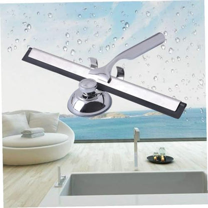 Stainless Steel Glass Squeegee with Zinc Alloy Holder and Flexible Rubber Blade Wall-Mounted Suction Cup Installation Multi-Purpose Window Wiper for Bathroom Car Kitchen and