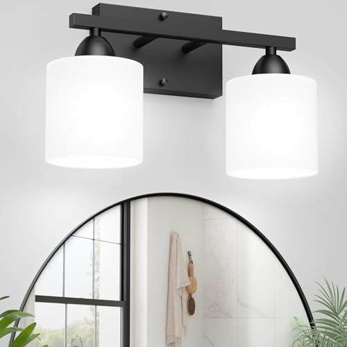 Black Bathroom Lights Over Mirror, Anti-rust Vanity Light Fixture for Bathroom, Modern 2-Light Wall Sconce Light for Living Room, Standard E26 Base, Milky White Glass Shades, Bulbs Not Included - color: Black-2Light
