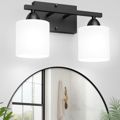Black Bathroom Lights Over Mirror, Anti-rust Vanity Light Fixture for Bathroom, Modern 2-Light Wall Sconce Light for Living Room, Standard E26 Base, Milky White Glass Shades, Bulbs Not Included - color: Black-2Light