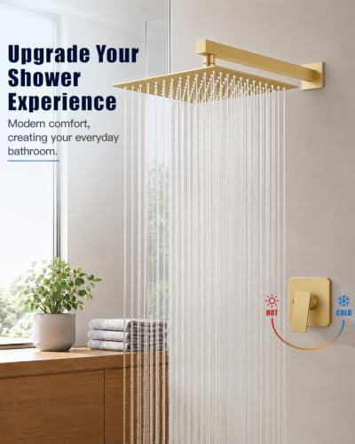 Heyalan 12 Inch Square Rain Shower Faucet Set with Valve, Brushed Gold | Female-thread 1/2-inch NPT connections, SUS304 shower head, brass rough-in valve, single-handle control Shower Set - color: Gold, size: 12 Inch Square Shower Head
