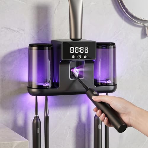 Smart Toothbrush Holder with Automatic Toothpaste Dispenser, Rechargeable Toothbrush Storage Rack with Toothbrush Holder and Mouthwash Cup, Digital Display, Designed for Home Bathrooms (Black) - color: Black