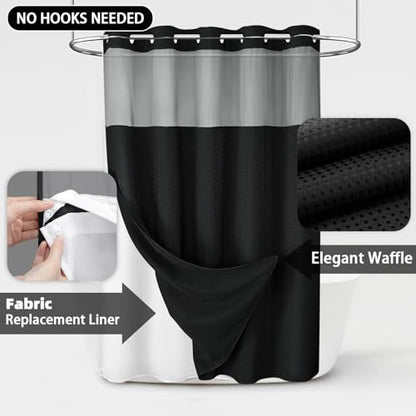 No Hook Shower Curtain with Liner Set Hotel Waffle Curtain Black 72W X 78L | Washable Snap in Fabric Liner, Mesh Top Window, Waffle Hotel Style Shower Curtain Set - color: Black, size: 72"W x 78"L