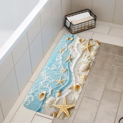 LNOND Summer Beach Bathtub Mat Non Slip, 40 X 16 Inch Tub Mat for Bathroom, Starfish and Seashells Bath Tub Shower Mat with Drain Holes and Suction Cups - color: Starfish and Seashells Bathtub Mat