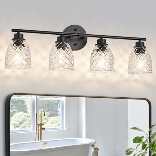 4-Light Vanity Light Over Mirror, Black Bathroom Light Fixtures | Modern Farmhouse Wall Sconces with Hammered Glass Lampshade for Kitchen Hallway Bedroom Living Room Cabinet Porch-27.5IN - color: Black, size: 4-Light