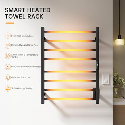 Towel Warmer Rack, Heated Towel Racks for Bathroom, Wall Mounted Towel Warmer, Stainless Steel 8-Bars Drying Rack with Intelligent Touch Screen Timer, Matte Black