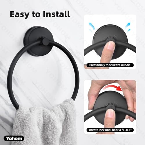 YOHOM Suction Cup Towel Ring Matte Black Hand Towel Holder for Bathroom Stainless Steel Vacuum Suction Washcloth Holder Dish Towel Hanger for Shower Wall No Drill, 2 PCS - color: 2 Matte Black