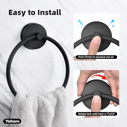 YOHOM Suction Cup Towel Ring Matte Black Hand Towel Holder for Bathroom Stainless Steel Vacuum Suction Washcloth Holder Dish Towel Hanger for Shower Wall No Drill, 2 PCS - color: 2 Matte Black