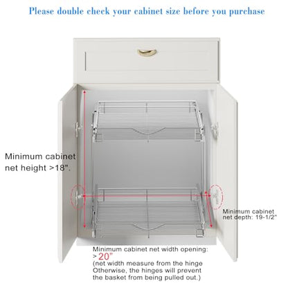 DINDON 2 Tier Pull Out Cabinet Organizer (20" W X 18" D), Double Tier Wire Basket Slide Out Shelf Storage for Kitchen Base Cabinet Organization for Kitchen, Pantry, Bathroom, Chrome - size: 20" W X 18" D