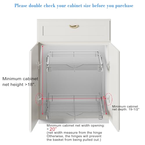DINDON 2 Tier Pull Out Cabinet Organizer (20" W X 18" D), Double Tier Wire Basket Slide Out Shelf Storage for Kitchen Base Cabinet Organization for Kitchen, Pantry, Bathroom, Chrome - size: 20" W X 18" D