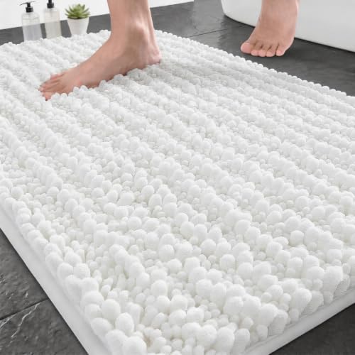 Yimobra Bathroom Rugs Non Slip Washable - Ultra Soft Absorbent Chenille Bath Mat, Quick Dry Shaggy Floor Carpet for Tub Shower, White Home Decor Accessories, 24x17 Inch - color: White, size: 24" X 17"