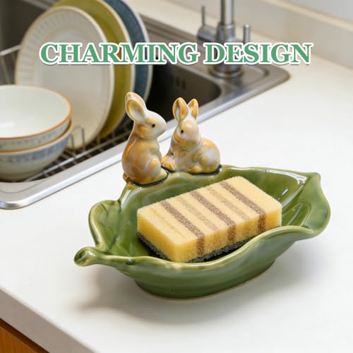 VIKKSAER Cute Ceramic Rabbit Soap Dish, Decorative Bunny Holder for Sponges & Jewelry, Green – Ideal for Bathroom, Kitchen, or Countertop Organization