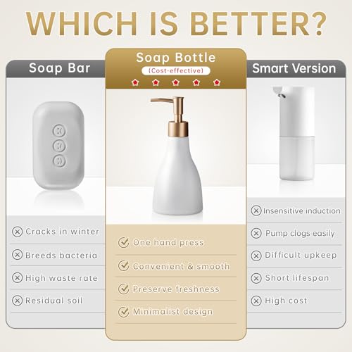 Gold Dispenser Bottle for Bathroom Countertop, Ceramic White Dish Soap Dispenser for Kitchen Sink Soap Pump Lotion, Modern Hand Soap Dispenser with Gold Pump for Liquid Laundry Shower 280ml - color: White