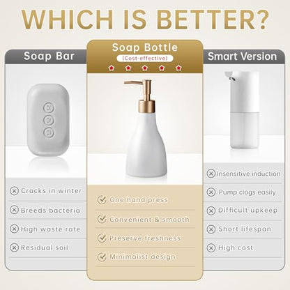 Gold Dispenser Bottle for Bathroom Countertop, Ceramic White Dish Soap Dispenser for Kitchen Sink Soap Pump Lotion, Modern Hand Soap Dispenser with Gold Pump for Liquid Laundry Shower 280ml - color: White