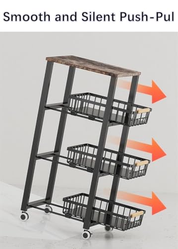 Metal Wire Baskets with Wheels, Stackable Storage Bins Kitchen Organizer Shelf, Multi Layer Fruit Vegetable Cart Dishes Seasonal Rack Freestanding with Pull Out Slide Drawer - size: 5 Tier with Slide Drawer