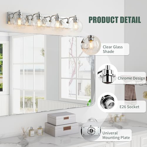 4 Light Bathroom Light Fixtures-Chrome Bathroom Vanity Lights, Modern Vanity Lights 4-Light Bathroom Lighting Fixtures Over Mirror with Clear Glass Globe Shade - color: Polished Chrome, size: 4-Light