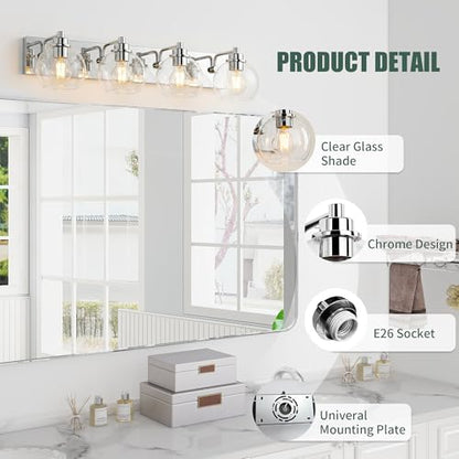 4 Light Bathroom Light Fixtures-Chrome Bathroom Vanity Lights, Modern Vanity Lights 4-Light Bathroom Lighting Fixtures Over Mirror with Clear Glass Globe Shade - color: Polished Chrome, size: 4-Light