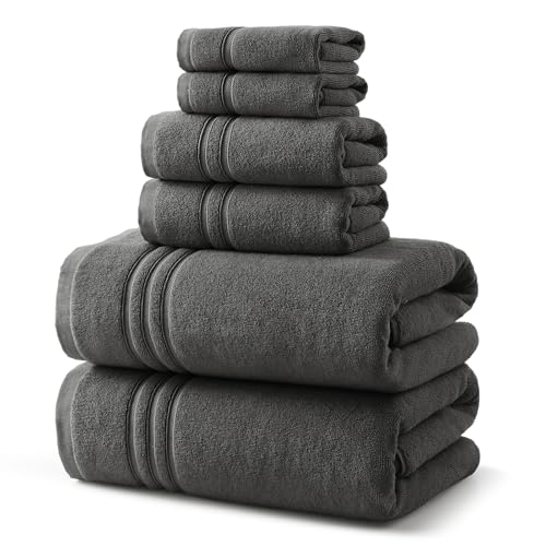 REDKISS Dark Gray Towels Set 6 Piece Cotton Towel Sets with 2 Bath Towels, 2 Hand, 2 Washcloths, 650GSM Hotel Quality, Soft, Highly Absorbent Towels for Bathroom Gym, Ideal Everyday Use - color: Dark Gray